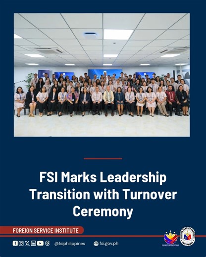 𝐏𝐑𝐄𝐒𝐒 𝐑𝐄𝐋𝐄𝐀𝐒𝐄 | The Foreign Service Institute (FSI) marked a new chapter as it formally transitioned leadership from Outgoing Director General Francisco Noel R. Fernandez III to Incoming Director General Neil Frank R. Ferrer during a Turnover Ceremony held on 12 January 2026. The event highlighted continuity, excellence, and FSI’s commitment to public service. Read more 👇🏼 https://fsi.gov.ph/2026/01/13/fsi-marks-leadership-transition-with-turnover-ceremony/ _ Follow us on Facebook.
