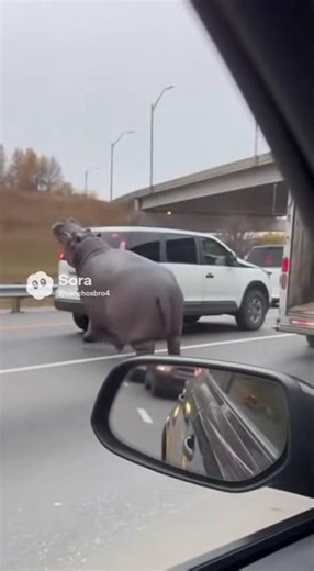 Hippos escape from trailer on freeway