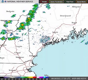 Radar is beginning to show scattered showers and thunderstorms across the region. If you are recreating outside this afternoon remember to keep an eye to the sky and when thunder roars go indoors! | US National Weather Service Gray ME