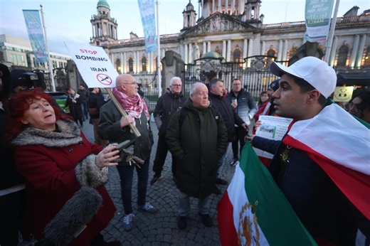 Crowds gathered at Belfast City Hall on Monday evening for an anti-war protest and counter counter-protest. Speakers included People Before Profit MLA Gerry Carroll, Academic Azadeh Sobout, who is originally from Iran and Mohammad Reza who was part of a counter-protest. 📷PA | Belfast Live