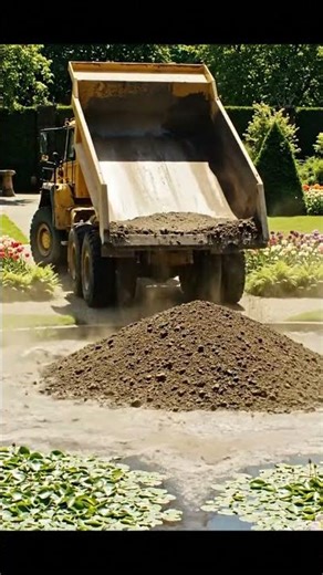 Massive Dump Truck dumped the soil into the lake at garden.