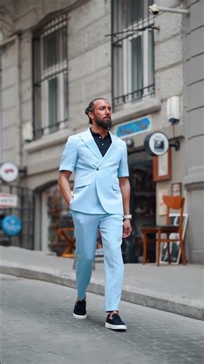 Men's Ice Blue Double-Breasted Short-Sleeve Suit, ultimate summer pick for weddings and vacations