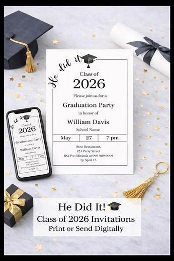He Did It Graduation Invitations 2026 🎓 Editable Templates | Paper & Digital Options