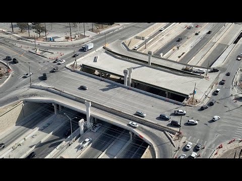 Drone footage of construction at Blanco Road, Loop 1604 for diverging diamond interchange