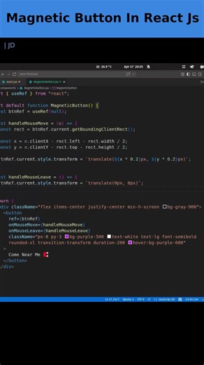 Magnetic Button Hover Animation In React JS | #shorts #short #code #program #coding #javascript