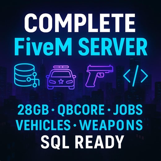 FiveM Kompletter QBcore Server | 28 GB vollständiges RP-Setup mit SQL, QBCore, Jobs, Fahrzeugen, Waffen und Karten | Plug-and-Play-fähig - Etsy.de