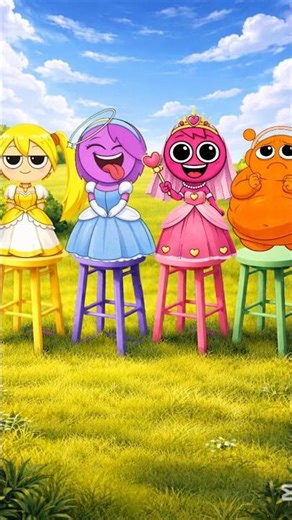 Cute Princess Cartoon Characters Sitting on Colorful Stools