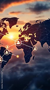 A globe with a network of lines connecting it. The globe is blue and white. The sun is in the sky