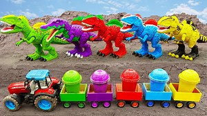 T-Rex dinosaurs, excavator, crane, dump truck feed the cow | Kids Toy TV