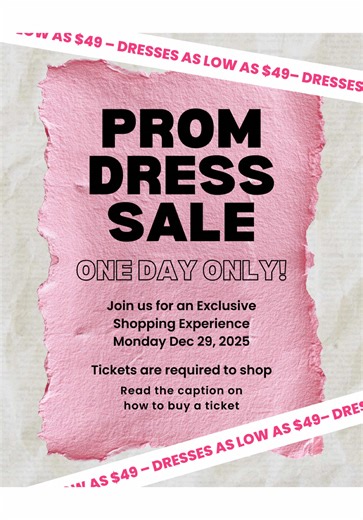 ✨ VIP Prom Dress Sale — One Day Only ✨ We’re opening the doors for an exclusive, ticketed-only prom dress shopping event you don’t want to miss. For one day only, score stunning prom dresses starting at just $49 💖 🎟 Tickets are REQUIRED to shop • Call the store to purchase your $20 ticket • Each ticket admits you one guest • Tickets will be checked at the door 👗 What to expect: • Prom dresses starting at $49 • Select styles only • Sherri Hill excluded • Limited inventory — once they’re gone, 