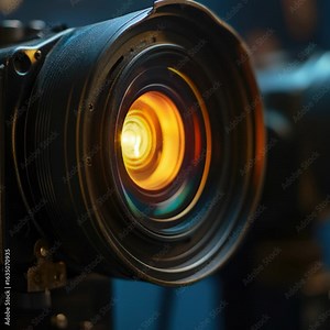 A close-up view of a camera lens with a person seen in the background, great for use in photography-themed designs or social media posts