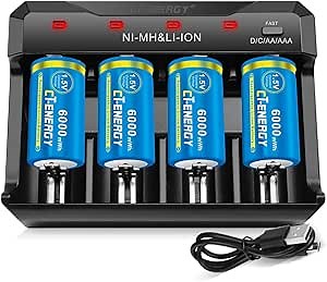 Rechargeable C Batteries with 4 Bay Charger for Lithium/Ni-mh/Ni-cd of AA/AAA/C/D Rechargeable Batteries,4 Pack 1.5V Lithium C Size Rechargeable Batteries 6000mWh