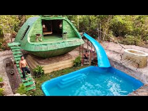 100 Days I Building a Secret Jungle Paradise House with Pools Slide