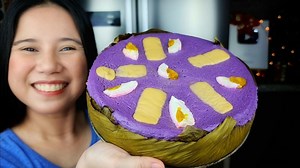 No Bake Ube Bibingka Cheese Cake Full RECIPE here:https://youtu.be/308ZNx_OAVs Ingredients: Crust Ingredients: 2 cups graham crackers, crushed 1 stick butter/margarine, melted 1/3 cup brown sugar 1/2 ts cinnamon powder Cheesecake base: 450g cream cheese, softened at room temp. 1/2 cup all purpose cream 1 cup white sugar 2 tbsp all purpose flour 4 eggs 1 cup coconut milk 1 cup ube halaya 1/2 tsp violet food color Fillings and toppings: 1-2 pcs. salted eggs, sliced 5 slices cheese 1 cup ube halaya