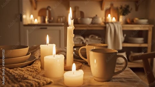 Cozy Evening Ambiance With Flickering Candlelight On A Rustic Table Setting