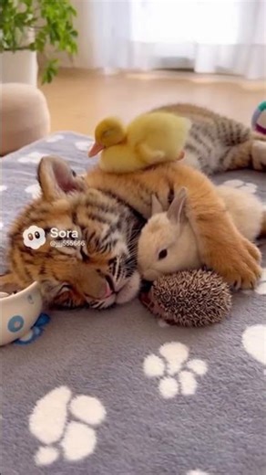 Tiny Animals Cuddling Together to Sleep | Good Night & Sweet Dreams 🐇🐅🐥🦔💤#animals #cute #viralvideo