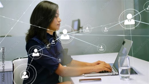 Woman typing laptop, initiating network icons and lines layering around and in front for technology