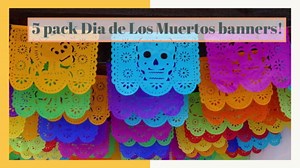 Papel Picado Banner Dia de Los Muertos, Day of the Dead Tissue Paper Garlands, Mexican Party Decorations 5 Pack|83feet|Large Fancy Cut Out Design