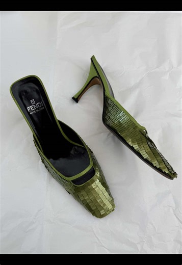 Marie Antoinette was the OG Carrie Bradshaw... Available: Fendi by Karl Lagerfeld Spring/Summer 2000 green sequin mules/heels, accompanied by the original packaging #vintagedesigner #vintagefendi #vintagedesignerheels #marieantoinette #sofiacoppola