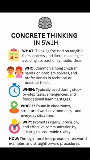 👉 Concrete thinking is the foundation of clear communication and practical problem solving.✅ What: Thinking based on facts, objects, and literal meanings.✅ Who: Children, practical problem-solvers, and technical professionals.✅ When: Useful for step-by-step tasks, emergencies, and early learning.✅ Where: In classrooms, workplaces, and everyday life.✅ Why: It ensures clarity, accuracy, and avoids misunderstanding.✅ How: Focus on literal meanings, real-life examples, and simple steps. | BOOK HAVE