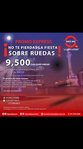 i E PROMO EXPRESS IMPERDIBLE!¡Disfruta de una experiencia única en nuestro Party Bus por solo$9,500!Válido para contrataciones del 21 al 31 de Mayo.¡Pregunta por disponibilidad de fechas ya!El servicio de renta incluye:• 1 Operador1 Barman1 Asistente de audio2 Seguridad (solo unidades de doble piso)5 horas de recorrido por rutas Party Bus en CDMXDescorche libre en la unidadNO INCLUYE BEBIDAS¡No te pierdas esta oportunidad y reserva ahora!#PartyBusCDMX #PromoExpress #FiestaSobreRuedas#CDMXEventos