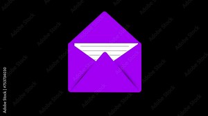 Email icon Animation. email envelope loop animation with alpha channel, black screen.