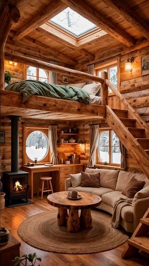 Dreamy Organic Log Cabin | Firestove Glow & Cozy Loft Interior