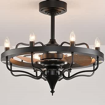 Farmhouse Fandelier Ceiling Fan,27" Caged Small Ceiling Fans with Lights and Remote, Rustic Bladeless Low Profile Ceiling Fan,Small Bedroom Black Ceiling Light Fixture
