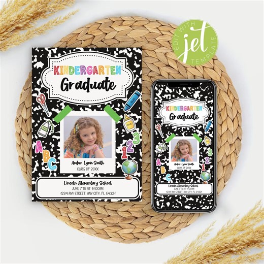 EDITABLE Kindergarten Graduation Announcement, Graduate Invitation, Composition Notebook Invite, Graduation Ceremony, Rainbow, Printable - Etsy