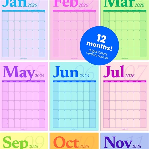 2026 Printable Calendar: Classic Colorful Monthly Wall Planner (A3, A4, and Letter Size) DIGITAL DOWNLOAD - Etsy