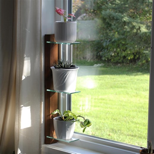 SHIPS FROM USA | Handmade Plant Window Shelf | Solid Wood and Glass Window Shelves | Renter Friendly | Three Tier No-drill - Etsy