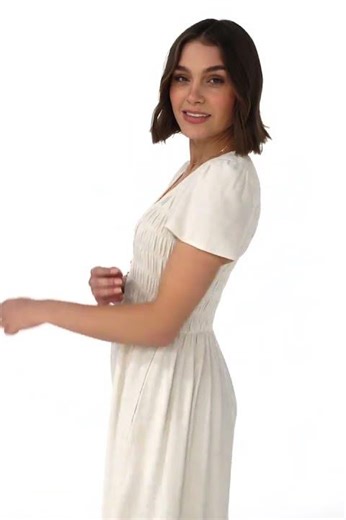 Stephan Midi Dress - Cap Sleeve Tortoiseshell Button-Down Tiered Dress in Cream