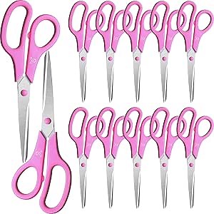 Lasnten 12 Pieces Pink Scissors Breast Cancer Awareness Scissors Ribbon Stainless Steel Scissors Bulk Multipurpose Scissors for Office Home School Sewing Cutting Fabric Craft Supplies