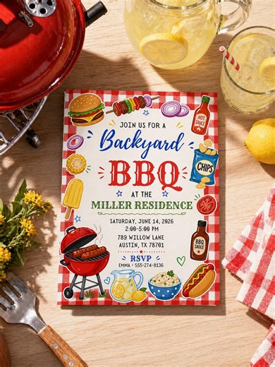 BBQ Birthday Invitation, BBQ Birthday Party ,barbecue Grill and Chill Invite, BBQ Red Gingham Backyard Party, Editable, Canva - Etsy