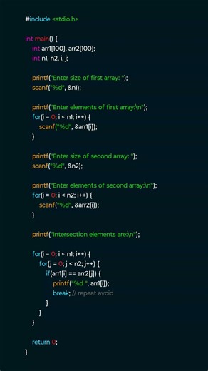 C Program: Find Intersection of Two Arrays Simple Logic #clanguage #cprogramming #codingtips