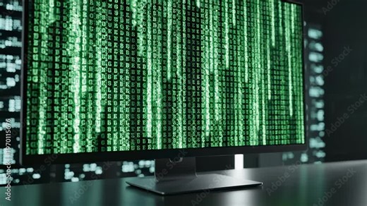 This shows a computer monitor with a green code matrix on the screen, indicating technical difficulties and an error message. The dark background adds to the futuristic and cyber security theme.