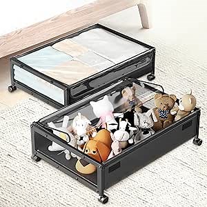 Under Bed Storage Containers with Wheels, 2 Pack Rolling Metal Organizer Drawers & Bins for Shoes, Clothes, Toys, Blankets, Books