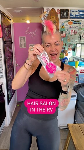 Sandi Falin • Mom Life & Family Fun | This is how I keep my mohawk hot pink in the RV! Tavel life doesn’t have to keep you from staying on top of your look! Do it yourself🤩 I... | Instagram