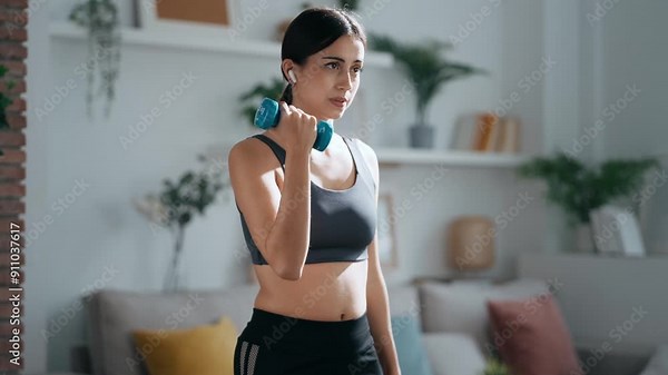 Video of young athletic woman doing weights while listening to music in the living room at home