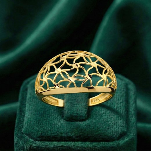 14K Solid Gold Handmade Openwork Ring, Elegant Floral Lattice Design, Wide Band Fine Jewelry - Etsy