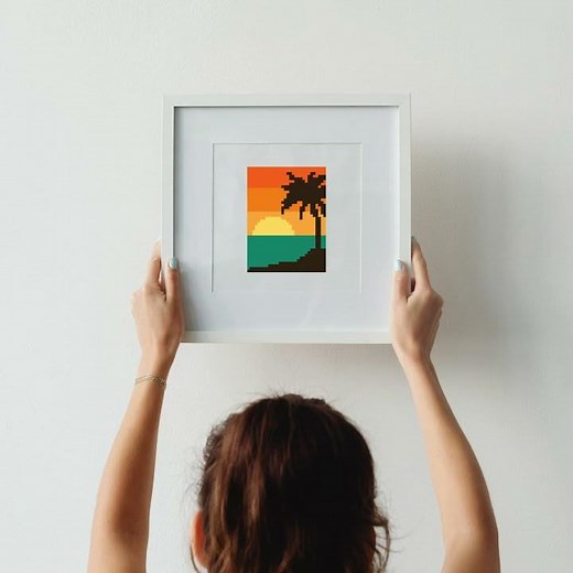 Create a Tiny Tropical Sunset Landscape - Cross Stitch Pattern #crossstitchpatterns #crossstitch
