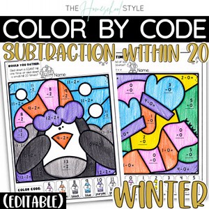 Editable Winter Color By Code Subtraction Worksheets - Morning Work Activities