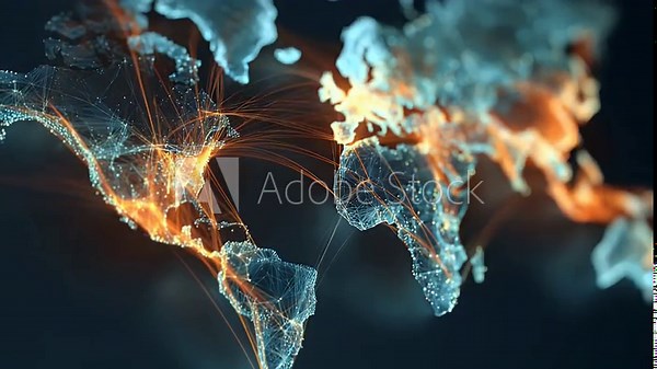 A world map with colorful lines connecting different countries, representing global data transfer and connectivity between various regions of the globe