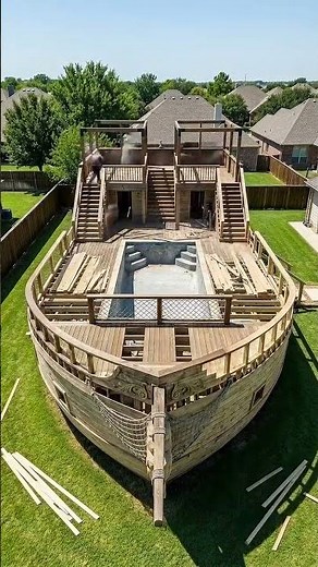 This pirate ship pool is actually insane 🤯 #construction #poolparty