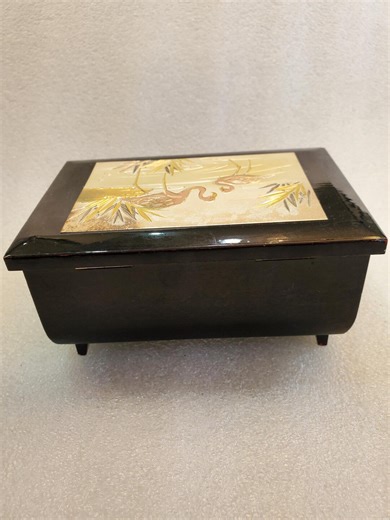 Vintage Black Lacquer Music Jewelry Box: Hollywood Regency Asian Flamingo Etched - Etsy