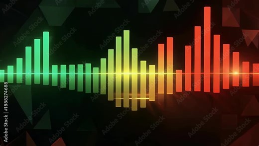 Sharp 4K motion graphic of an audio equalizer with bars reflected horizontally transitioning from green to red peaks ideal music visualizations audio software broadcast