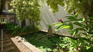 Garden with evergreen plants and pond with stone vase near luxury retro villa. Tiled path from terrace and living room of resort house to home lake with green water lilies, flowers and trees.