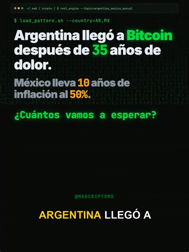Argentina llegó a Milei y Bitcoin después de 35 años de dolor monetario. 1989: hiperinflación 3,080% anual. Gente quemando billetes en plazas. 1991: Plan Convertibilidad, 1 peso = 1 dólar. Funcionó 10 años. 2001: Corralito. Congelan cuentas, bloquean retiros. Revueltas. 2019-2023: inflación 100% anual, blue/oficial, cepos cambiarios. 2023: Milei (pro-Bitcoin, pro-dolarización) gana presidencia. El manual argentino tiene 35 años de ventaja. México hoy — ¿dónde estamos en el timeline? → Inflación