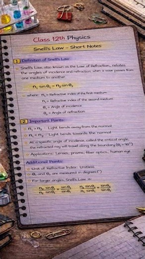 Snell’s Law Short Notes | Class 12 Physics Refraction Quick Revision 📚💯 NOTESMASTER