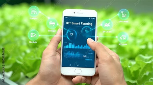 Hands holding smartphone with IOT Smart Farming app in greenhouse. Technology in agriculture.